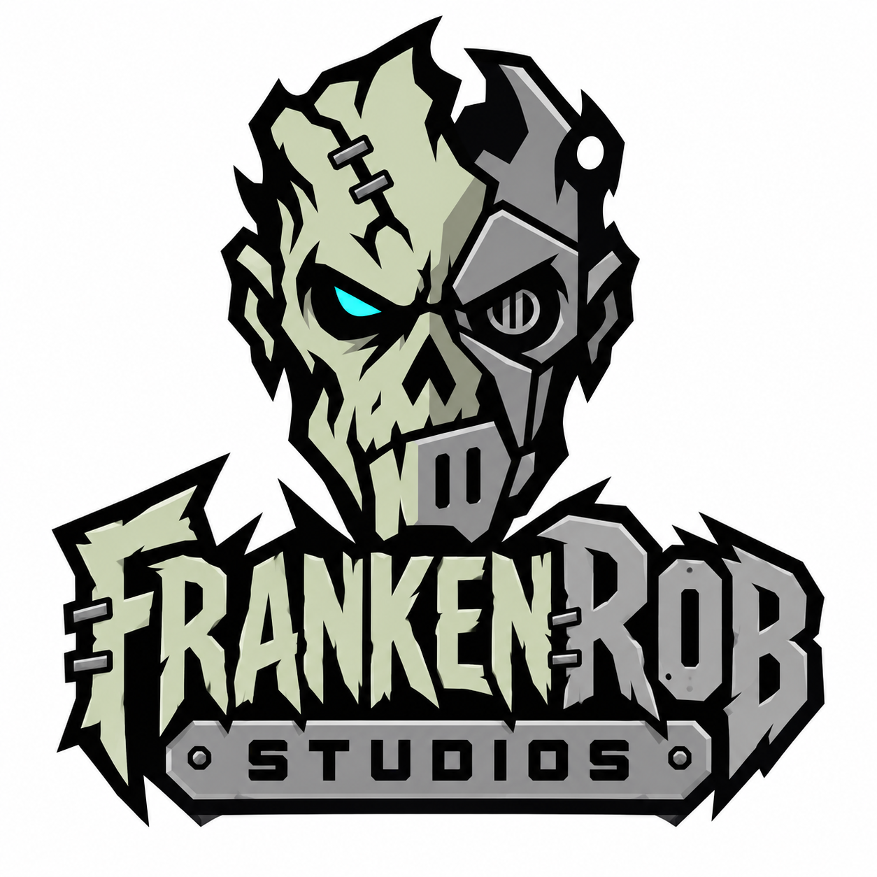 FrankenRob Studios logo: a half-monster, half-machine face with a bright cyan eye